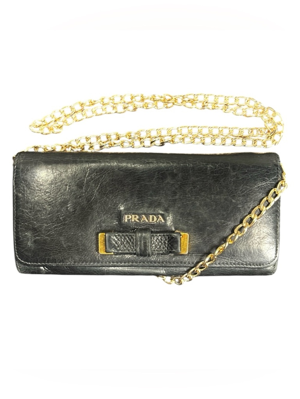 VINTAGE Prada Black Leather Ribbon Continental Flap Wallet WOC